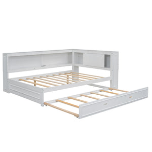 English Elm Full Pine Daybed with Trundle Sliding Storage Shelves Led Lighting and Usb Charging White GX004003AAK