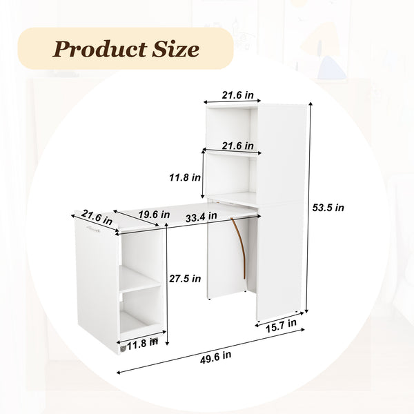 English Elm Stretchable expandable office desk with magnetic fold, lockable casters, adjustable shelves for storage and space-saving White W509P355680
