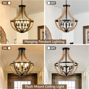 English Elm 19" Farmhouse 5-Light Wood Chandelier, Height Adjustable Pendant or Flush Mount, Rustic Brown Elegance W2738P185399