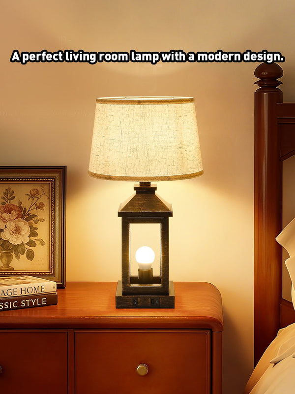 English Elm 20.5in Vintage Table Lamp Set of 2 Rustic Farmhouse Nightstand Lamps with Linen Shade & USB Ports Black+Gold W2312P389975