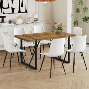 English Elm Table Set With Vintage Wood Top & White Faux Leather Chairs - Modern Dining Solution For Any Space W1151S01484-GIGA