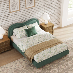 English Elm Queen Chenille Upholstered Curved Headboard Platform Bed with Oak Legs Solid Wood Slats W1716P428272