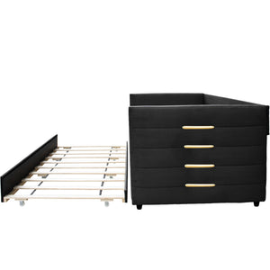 English Elm MODERN Twin Daybed with Trundle in Black Velvet Upholstery, Gold Accents, Space-Saving Guest Bed W1867S00012