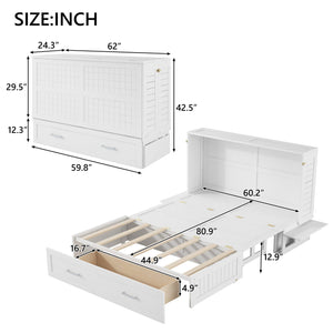 English Elm Queen Mobile Murphy Bed with Drawers & Side Shelves, White Fold-Up Queen Wall Bed for Guests SM000317AAK