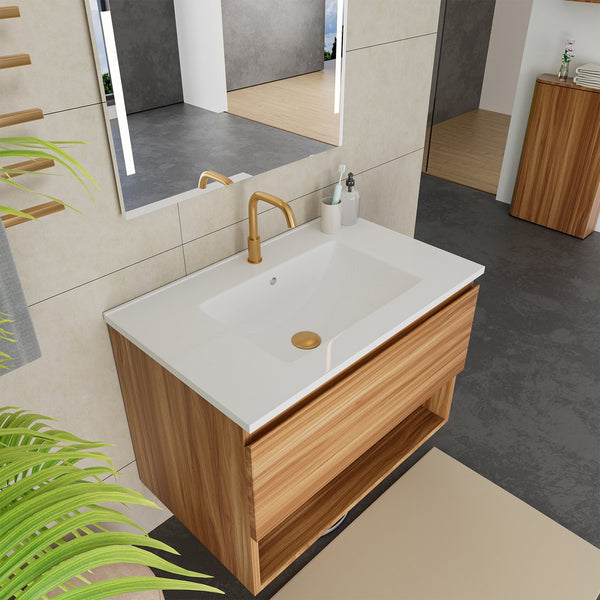 English Elm 30 Inch Floating Bathroom Vanity Fluted Wood Grain Front with Ceramic Integrated Sink W3520S00042