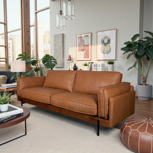 English Elm Utica Top-grain Leather Sofa Walnut Frame Feather Cushions Mid-century Living Room B183P423283