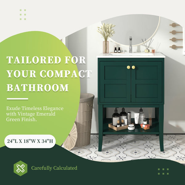 English Elm 24'' Retro Green Bathroom Vanity with Glossy Resin Basin, Solid Wood Feet, Soft-Close Doors, Ample Storage, Metal Handles (Modern) WF324870AAF