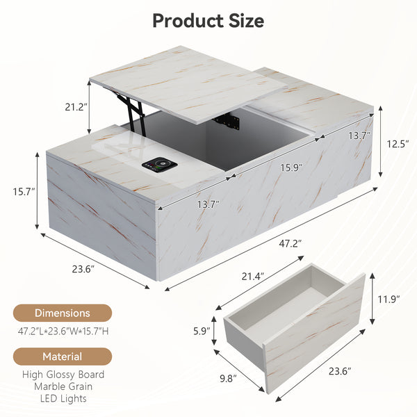English Elm Coffee Table with Led Lighting Bluetooth Speaker Wireless Charging and Faux Marble Top T3773P415729