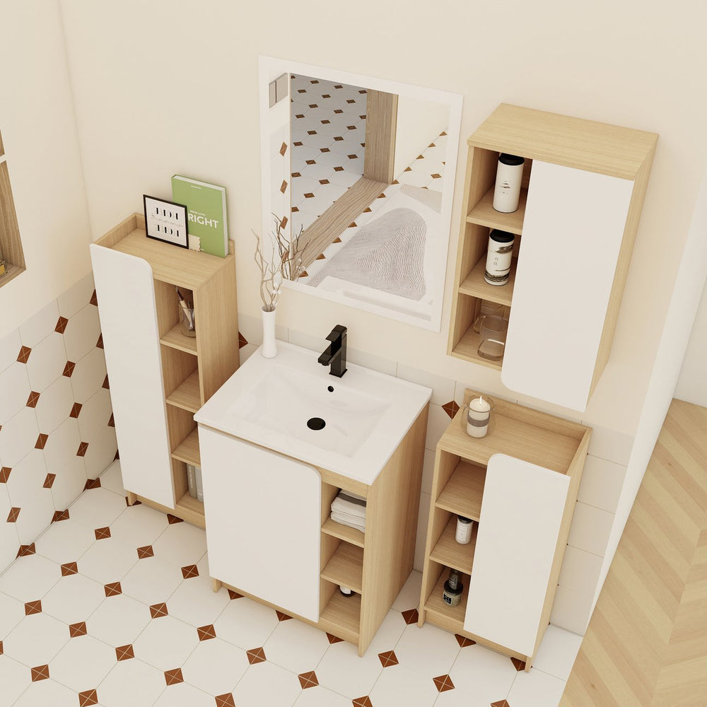 English Elm 4-piece Light Oak Bathroom Set with Ceramic Sink and Dual-tone Storage Cabinets W3450S00112
