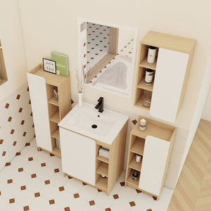 English Elm 4-piece Light Oak Bathroom Set with Ceramic Sink and Dual-tone Storage Cabinets W3450S00112