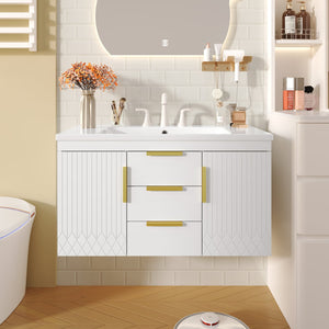 English Elm 36'' Wall Mounted Bathroom Vanity with Sink, Floating MDF Cabinet, 2 Drawers, Rust-Resistant Handles White N710P253035K