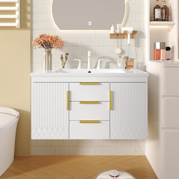 English Elm 36'' Wall Mounted Bathroom Vanity with Sink, Floating MDF Cabinet, 2 Drawers, Rust-Resistant Handles White N710P253035K