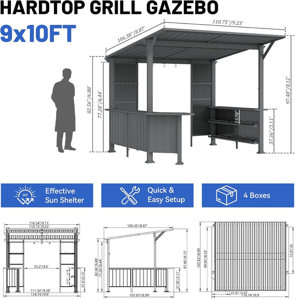 English Elm 9x10ft Hardtop Outdoor Grill Gazebo Galvanized Steel Canopy with Shelves for Patio Gray W1859S00180