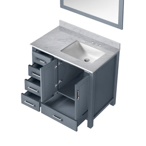 English Elm Dark Grey Bath Vanity Set With Carrara Marble Top, Soft-Close Drawers, And Coordinating Mirror B2731S00684