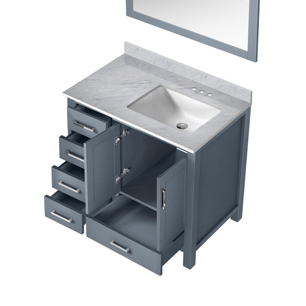 English Elm Dark Grey Bath Vanity Set With Carrara Marble Top, Soft-Close Drawers, And Coordinating Mirror B2731S00684