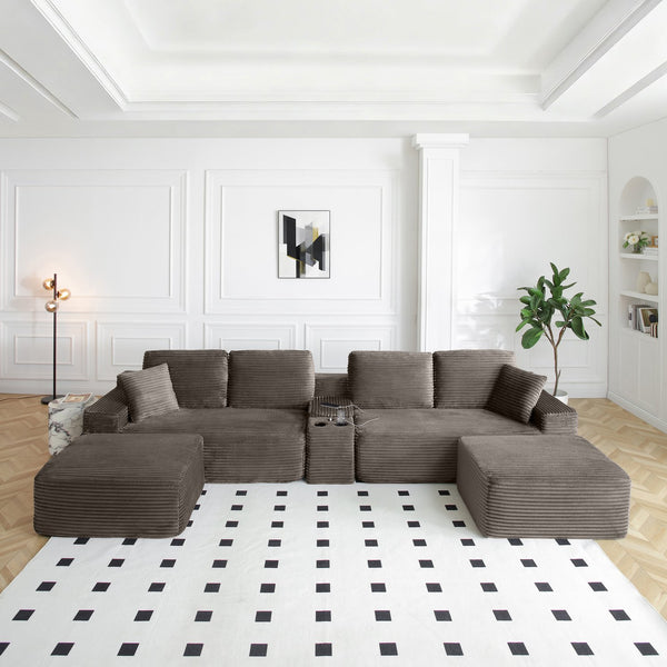 English Elm 125'' Modular L-shape Sectional Corduroy Cloud Couch with Storage and Usb Charging Camel W1117S00428