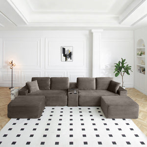 English Elm 150'' Modular Corduroy Sectional with Deep Seating Usb Ports and Hidden Storage Camel W1117S00407