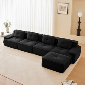 English Elm 153" Modern L-Shaped Modular Sectional Sofa - Plush Corduroy, Deep Seats, Movable Ottoman, No Assembly! W714S01481