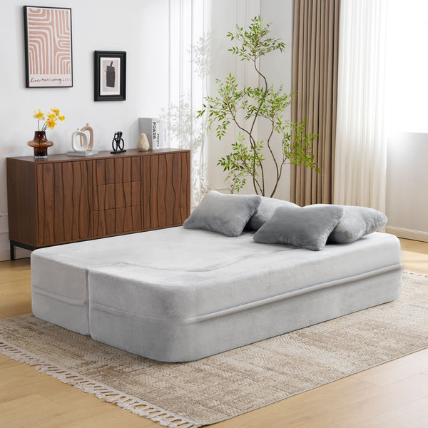 English Elm Queen Plush Floor Sofa Futon with 4 Pillows — Modern Foam Folding Couch Mattress for Living Room Guest Bedroom LIGHT GREY W3612P336072