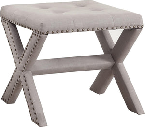 English Elm Linen Small Accent Bench with Tufted Seat and Nailhead Trim, Wood X-Leg Entryway Seating, Stylish Gray 20 L x 19 W x 7 H B011P357400
