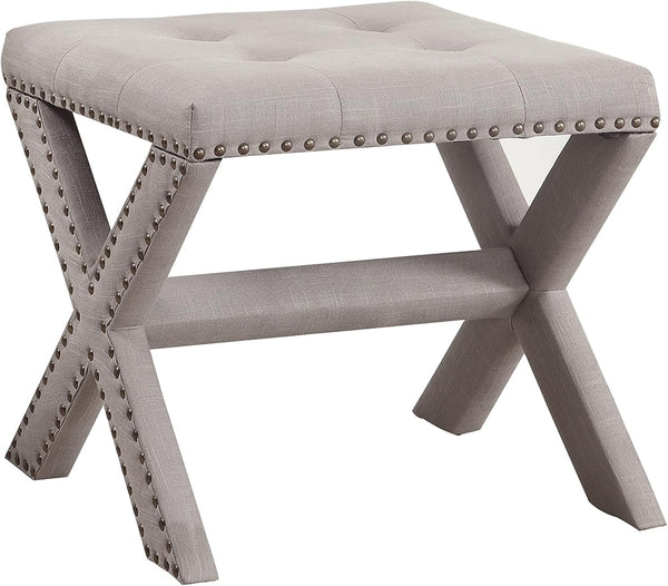 English Elm Linen Small Accent Bench with Tufted Seat and Nailhead Trim, Wood X-Leg Entryway Seating, Stylish Gray 20 L x 19 W x 7 H B011P357400