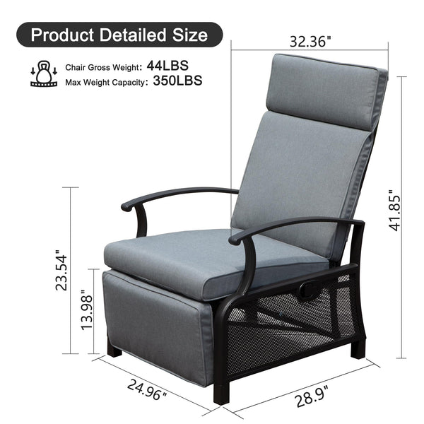 English Elm Adjustable Patio Recliner Chair with Flip Side Table, Ergonomic Cushions, Heavy-Duty Steel, 350lb Support Gray W1859P196387