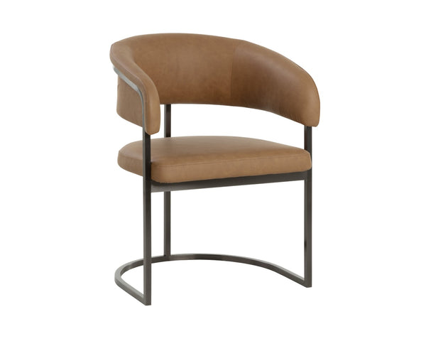 Sunpan MARRIS Dining Armchair - Stylish Gunmetal Frame with Milliken Cognac Faux Leather for Modern Spaces 112391