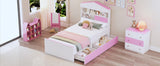 English Elm Twin Size House-Shaped Wooden Bed With Storage Shelf On The Headboard, Built-In Two Storage Drawers, Pink