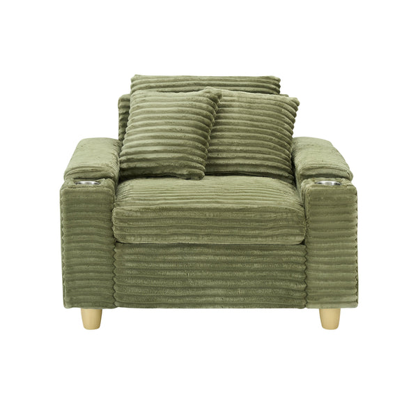 English Elm Green corduroy single sofa with ottoman storage, built-in armrest compartments, removable covers, 57"x41" W1658S00136