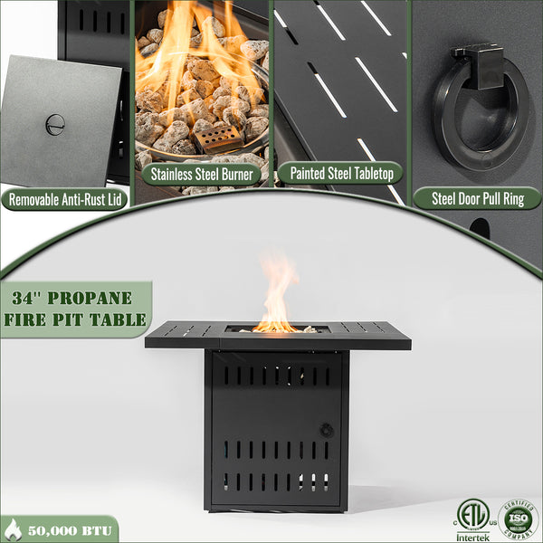 English Elm 34" 34inch Propane Fire Pit Table with 50,000 BTU Steel Body, Stainless Burner, Lava Rocks, ETL Approved W853P202186