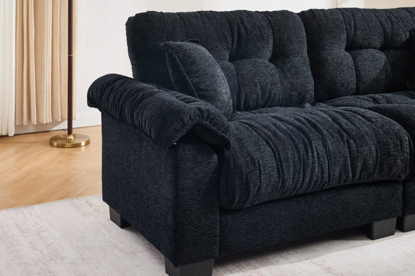 English Elm Casual 3-Seater Chenille Sofa In Black - Modern Pleated Design For Luxurious Comfort & Style W2100S00315
