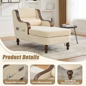 English Elm UNITED Oversized Chaise Lounge Sofa Bed with Solid Wood Arms, High-Resilience Foam, 800lb Capacity and Storage Pockets Beige W1568S00212