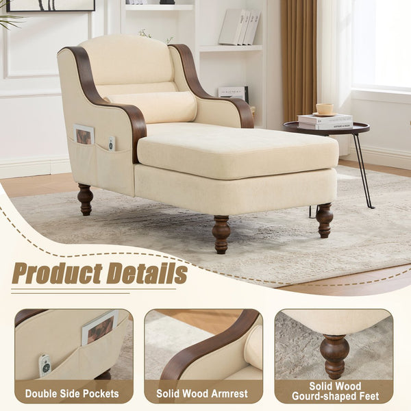 English Elm UNITED Oversized Chaise Lounge Sofa Bed with Solid Wood Arms, High-Resilience Foam, 800lb Capacity and Storage Pockets Beige W1568S00212