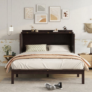 English Elm Queen Size Murphy Bed – Elegant Pine Wood Cabinet With Power Station & Rattan Accents, Espresso Finish W504S00235-GIGA