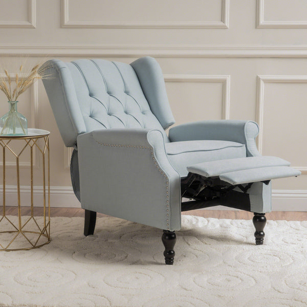 English Elm Charcoal Wingback Pushback Recliner with Button Tufted Diamond Fabric Upholstery Light Blue N763P410529H