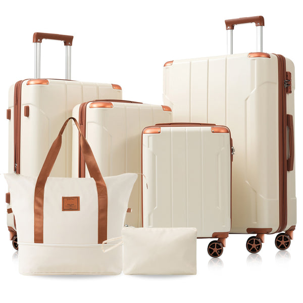 English Elm Hardshell Six Piece Luggage Set Expandable Abs Suitcases with Spinner Wheels Tsa Lock Brown White N730P296628O