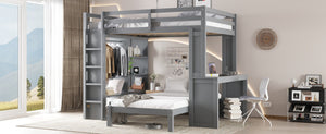 English Elm Queen Solid Wood Bunk Bed With Dismountable Twin, Desk, Shelves & Wardrobe - Modern Grey Design W1580S00215-GIGA