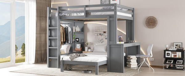 English Elm Queen Solid Wood Bunk Bed With Dismountable Twin, Desk, Shelves & Wardrobe - Modern Grey Design W1580S00215-GIGA