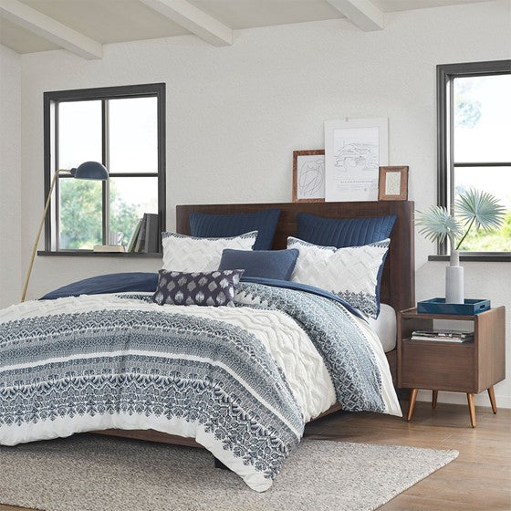 English Elm Full/Queen Mila 3 Piece Cotton Duvet Cover Set with Navy Botanical Print, Chenille Tufting & OEKO-TEX Comfort B035129137