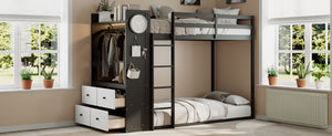 English Elm Twin Bunk Bed with Storage Drawers Hanging Rail Led Shelves and Pegboard Organizer Black LT000282AAB