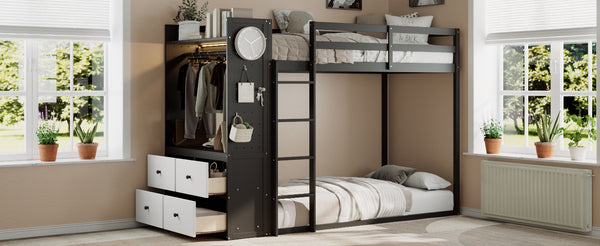 English Elm Twin Bunk Bed with Storage Drawers Hanging Rail Led Shelves and Pegboard Organizer Black LT000282AAB