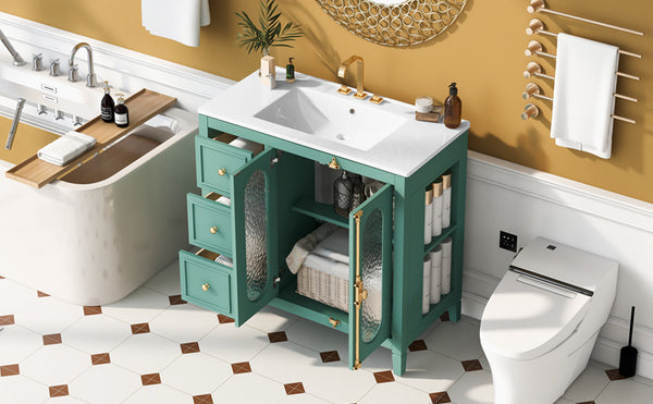 English Elm 36-inch Modern Bathroom Vanity Pine Frame Ceramic Sink 3 Drawers Glass Door Cabinet N710P223192F