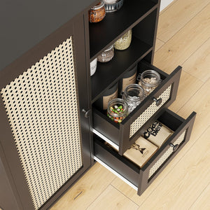 English Elm Rattan Cane Front Sideboard with Drawers Adjustable Shelf Bohemian Storage Cabinet Black T3623P434723