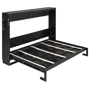 English Elm Queen-size Murphy Wall Bed with Led Ambient Lighting Usb Outlet and Graphic Panel Black LP000357AAB