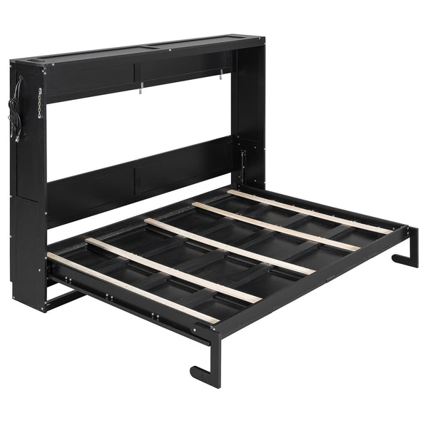 English Elm Queen-size Murphy Wall Bed with Led Ambient Lighting Usb Outlet and Graphic Panel Black LP000357AAB
