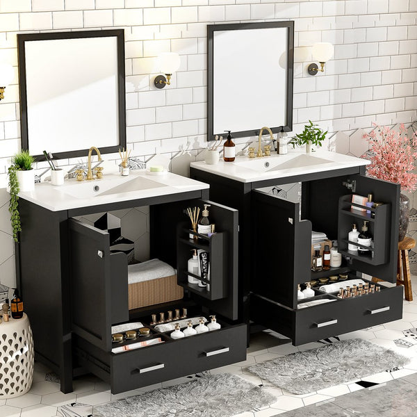 English Elm Modern 48 Inch Freestanding Bathroom Vanity Dual Ceramic Sinks Soft Close Gold Handles Black N729P000001B