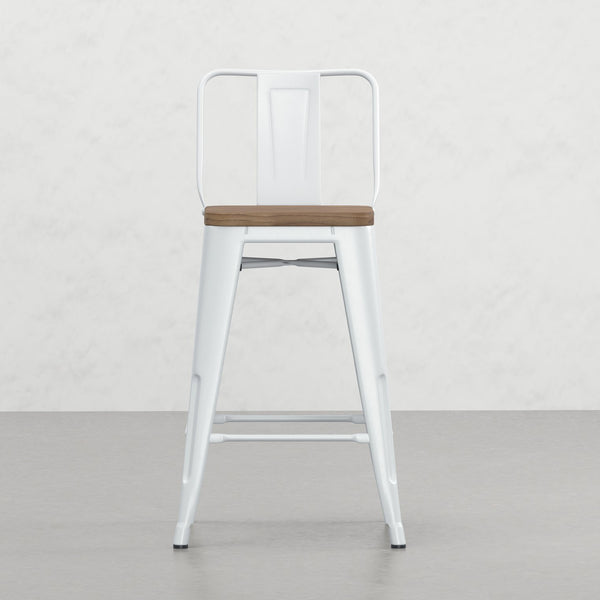 English Elm Keeley 24in Metal and Solid Elm Wood Counter Stools Set of 4 — Curved Backs, Footrests, Durable Finish White B2732P253613