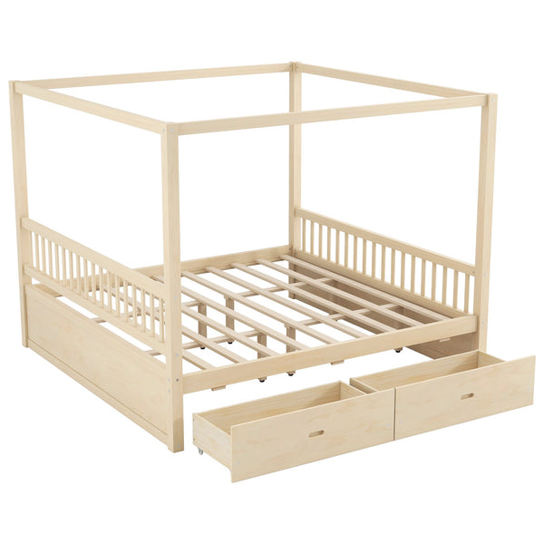 English Elm Wooden Canopy Queen Bed Solid Frame with Built-in Storage Drawers Slatted Base Natural N7090005037N