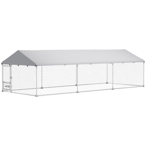 English Elm Large-sized Galvanized Steel Outdoor Dog Kennel with Oxford Fabric Weatherproof Roof T3971S00100