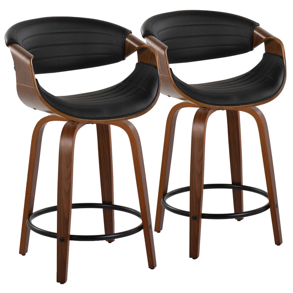 English Elm 24" Swivel Counterstools Walnut Base Faux Leather Bucket Seat Chrome Footrest Pair B202S00088